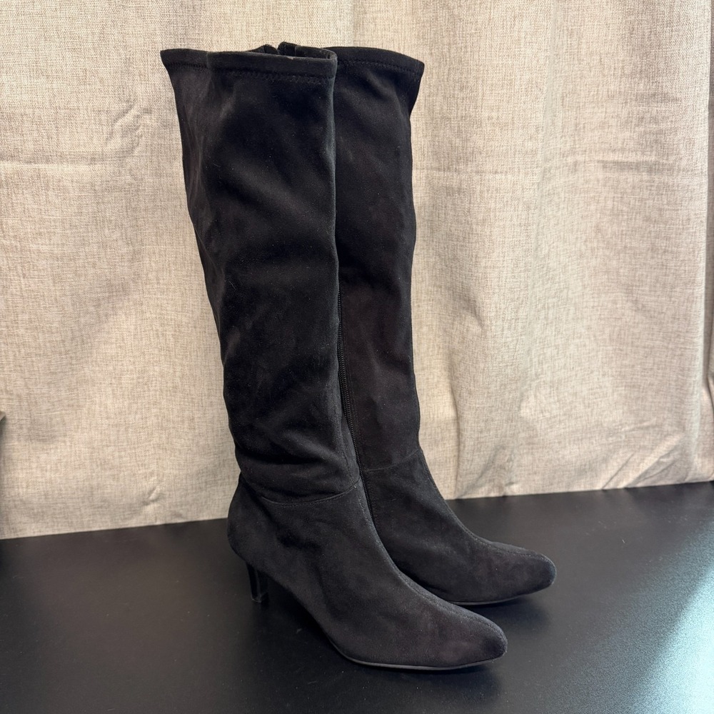 Tahari Knee High Sock Boots Women's 7.5M Black Suede Almond Toe Side Zip Party